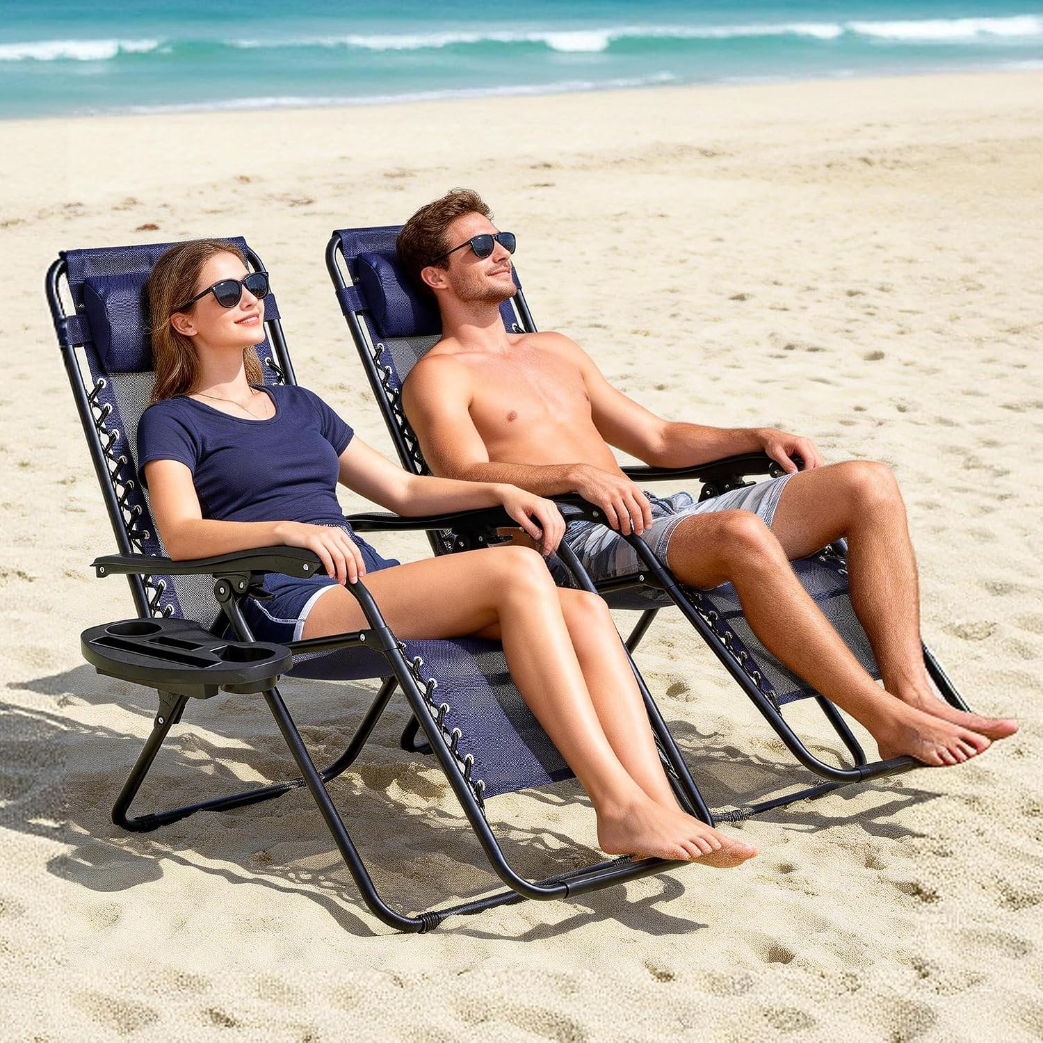 2-Pack Zero Gravity Lounge Chair Recliners - Adjustable Steel Frame with Removable Headrests & Cup/Phone/Tablet Trays - 330LBS Capacity - Navy Blue