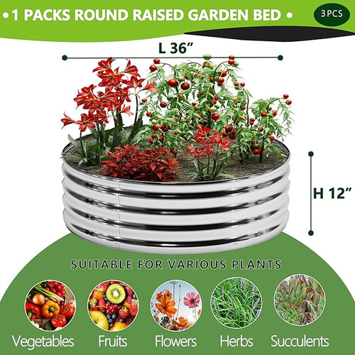 3PCS 3x3x1FT Galvanized Raised Garden Bed Kit,Vegetable Boxes-Round Metal Flower Box,Large Planter Raised Beds Outdoor Garden for Planting,Fruit,Herb-Silver