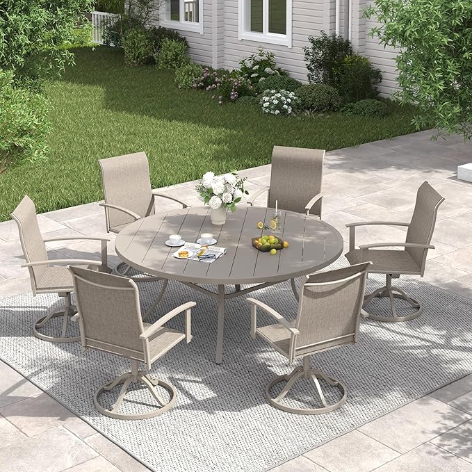VICLLAX 63" Outdoor Round Patio Table with Umbrella Hole, All Weather Metal Round Outdoor Dining Table for Lawn Garden, 8-10 Person Table, Sandshell