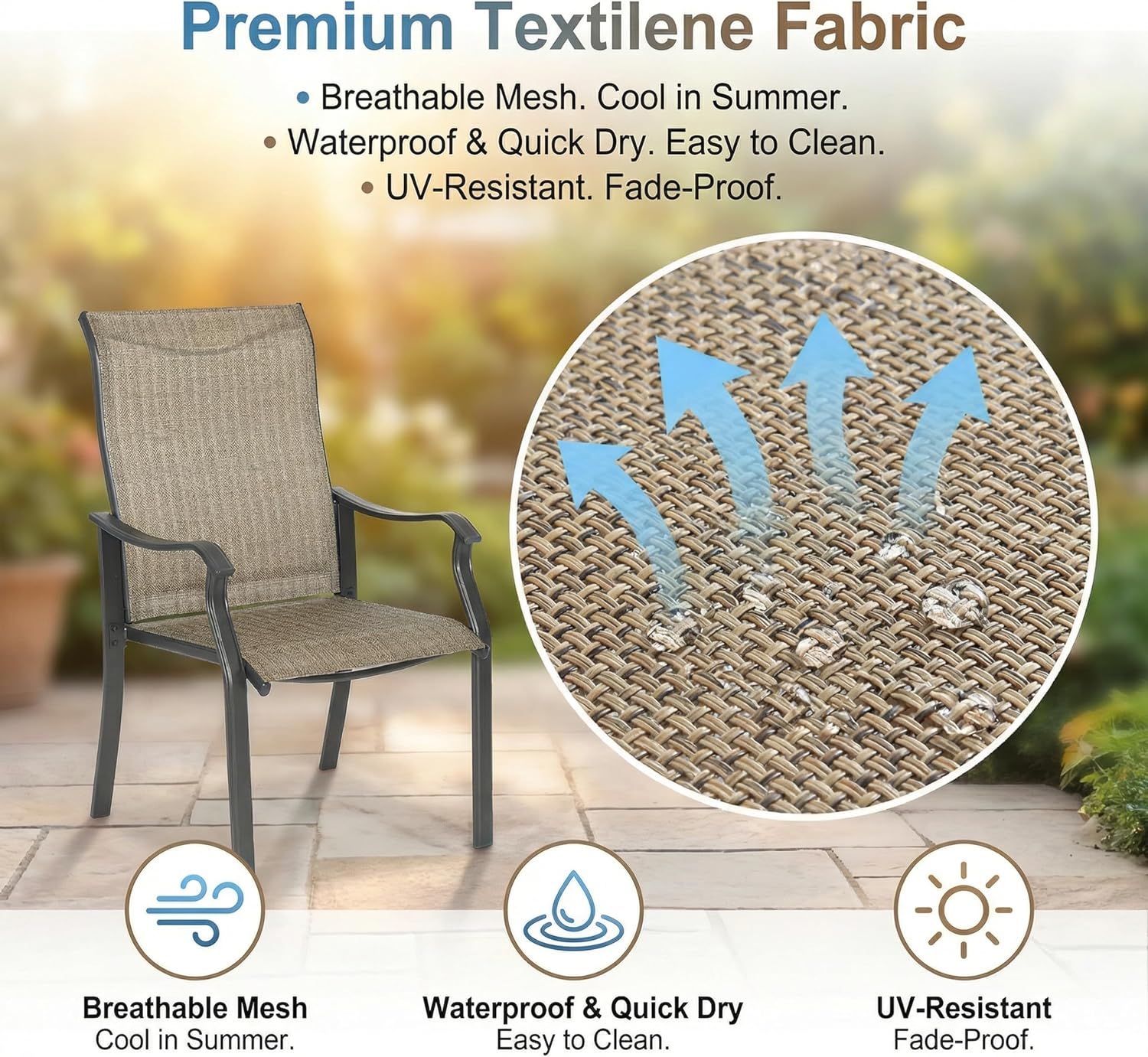 2 PCS Patio Dining Chairs, Iron Frame All Weather Resistant Textilene Chairs, Outdoor Chairs with Backrest and Armrest, Dark Brown