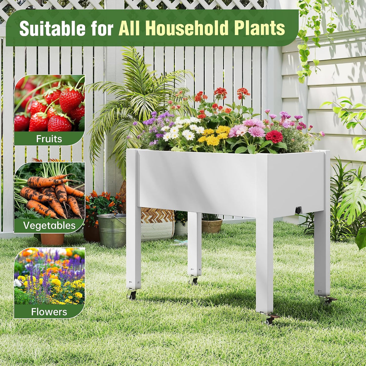 elevated raised garden bed with wheels,planter box,ashen-26.3" h showing dimensions