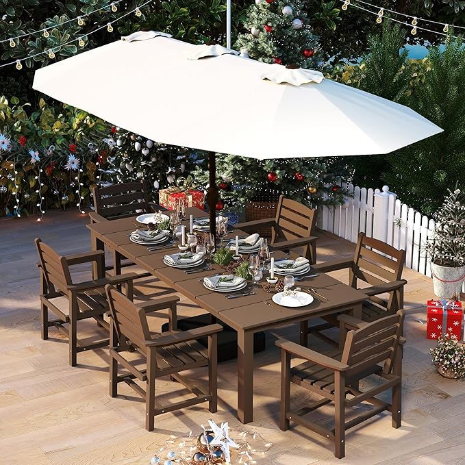 5-Piece Brown Outdoor Dining Set with White 11FT Large Patio Umbrella, 75.2'' HDPE Table & Chairs for 8, Weather-Resistant Furniture with Umbrella Hole for Patio, Lawn, Poolside