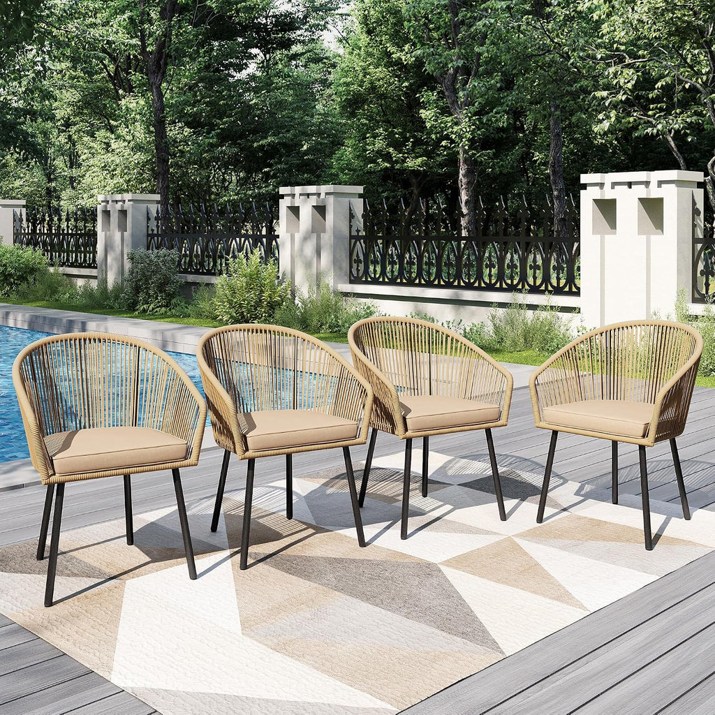 PHI VILLA Wicker Patio Dining Chairs Set of 4 Rope Rattan Chairs | Outdoor Modern Brown Rope Rattan Chairs with Metal Legs & Cushions, Outside Dining Chairs for Deck, Porch, Backyard