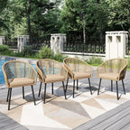 PHI VILLA Wicker Patio Dining Chairs Set of 4 Rope Rattan Chairs | Outdoor Modern Brown Rope Rattan Chairs with Metal Legs & Cushions, Outside Dining Chairs for Deck, Porch, Backyard