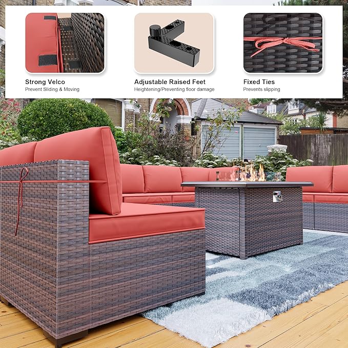 Kullavik 15PCS Outdoor Patio Furniture Set with 43" 55000BTU Gas Propane Fire Pit Table PE Wicker Rattan Sectional Sofa Patio Conversation Sets w/8 Coner Sofas,Red