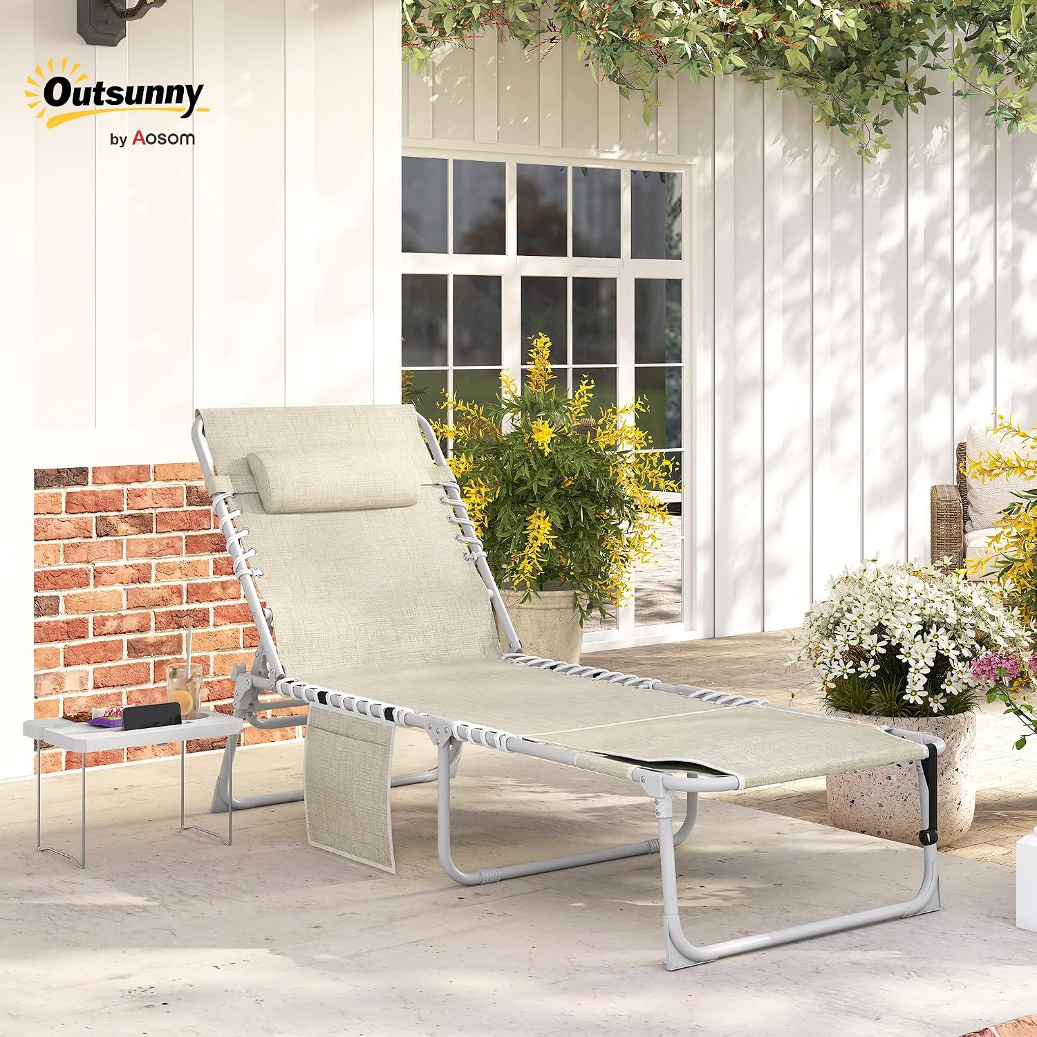 Outsunny Tanning Chair with Face Hole Breathable Mesh Beige | Side Table, Folding, 5-Position Reclining, Chaise Lounge Chair, Outdoor Lounger Recliner, Carry Straps, Beach Pool Camp