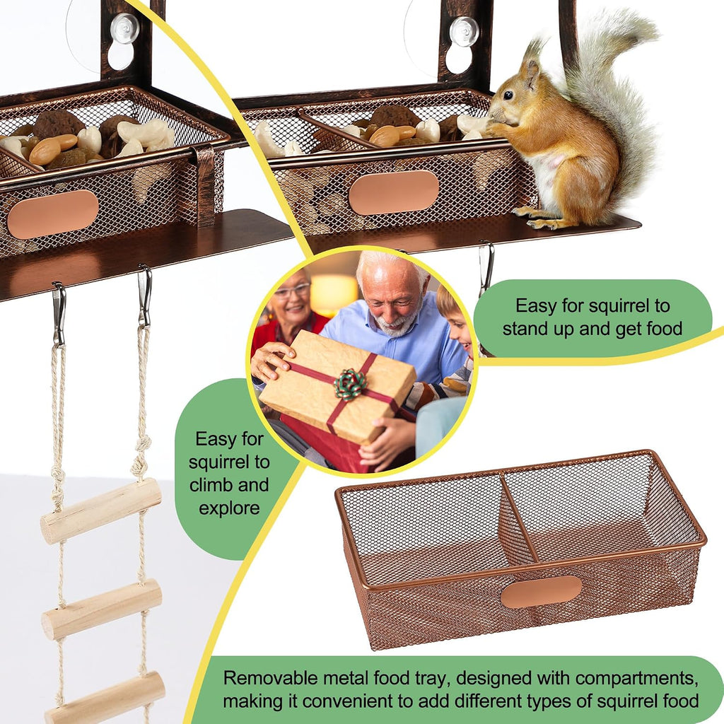 Window Squirrel Feeder, Metal, Strong Suction Cups & Ladders | Squirrel Feeders for Outside Winter, Safe Funny Chipmunk Feeder, Feeding Shelter for Squirrels for Corn Peanuts
