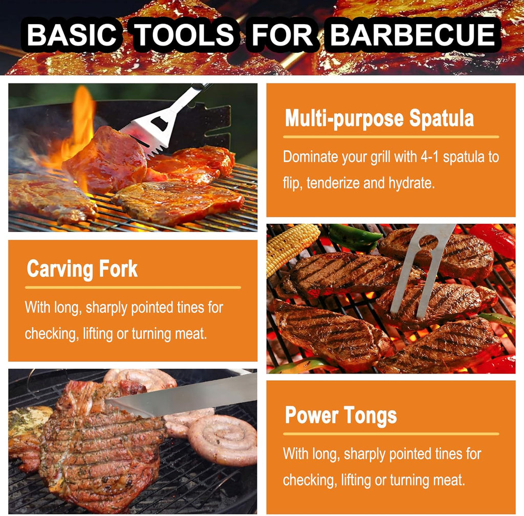 grilljoy 24PCS BBQ Grill Tools Set with Meat Thermometer and Injector - Extra Thick Stainless Steel Fork, Spatula& Tongs - Complete BBQ Accessories in - Perfect Grill Gifts for Father's Day