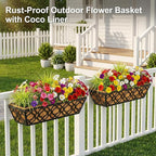 HFHOME 4 Pcs 30" Window Box Deck Railing Planter with Horse Trough Coco Liners, Black Metal Hanging Flower Planters Baskets for Indoor, Outdoor, Balcony, Porch, Fence, Patio, and Lawn