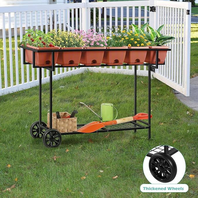 YBING Elevated Garden Bed with Wheels Outdoor 42x17x30in Elevated Raised Planter Box Stand 6 Pocket Herb Garden Planter with Storage Shelf for Balcony Patio, Red