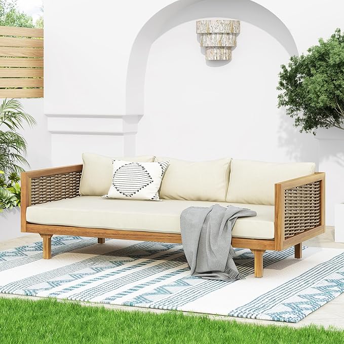 Merax Outdoor Acacia Wood Conversation Set - Patio 3-Seat Loveseat Sofa w/Coushion and Round Coffee Table for Backyard, Lawn, Balcony, Beige +Teak