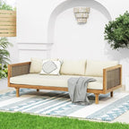 Merax Outdoor Acacia Wood Conversation Set - Patio 3-Seat Loveseat Sofa w/Coushion and Round Coffee Table for Backyard, Lawn, Balcony, Beige +Teak