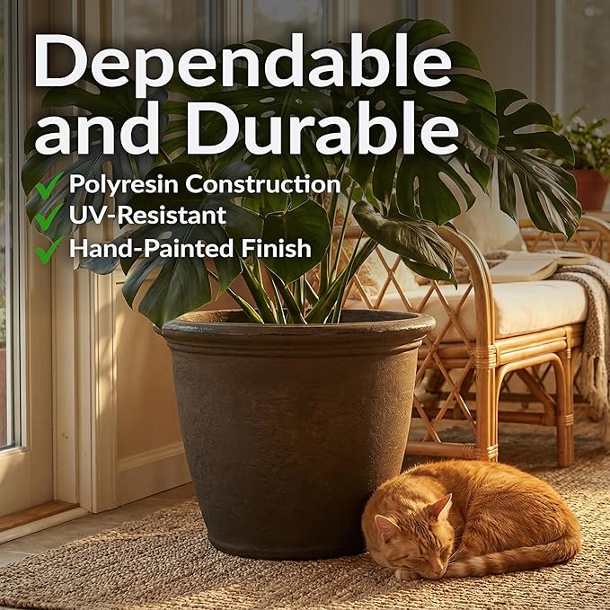Sunnydaze 20-Inch Anjelica Large Plastic Pot for Plants - Outdoor Double-Walled Large Plastic Planter with Drillable Drainage Holes - Rust
