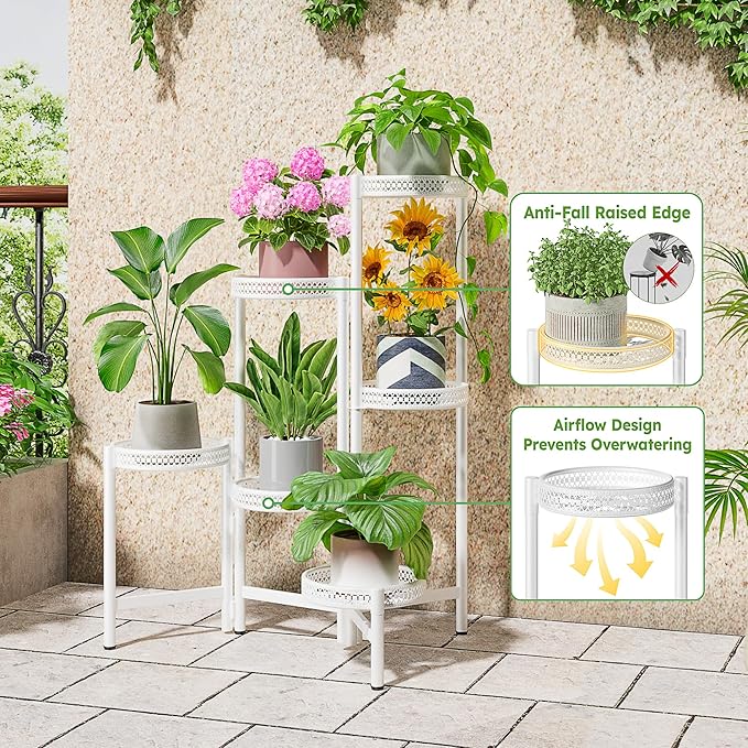 6 Tier Metal Plant Stand, 6 Potted Multiple Flower Pot Holder Shelf, Indoor&Outdoor Folding Planter Display Shelves for Patio Garden, Living Room, Corner Balcony, Bedroom - WhiteWave