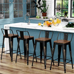 WENTMENT Bar Stools Set of 4 Counter Height Bar Stools Metal Barstools with Removable Back 26" Kitchen Bar Stools with Wooden Seat, Distressed Black
