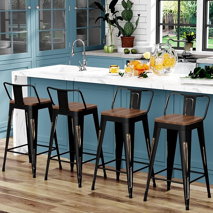 WENTMENT Bar Stools Set of 4 Counter Height Bar Stools Metal Barstools with Removable Back 26" Kitchen Bar Stools with Wooden Seat, Distressed Black