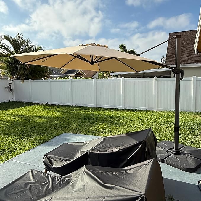 PURPLE LEAF 11 Feet Patio Umbrella with Base Outdoor Cantilever Round Umbrella Aluminum Offset Umbrella with 360-degree Rotation for Garden Deck Pool Patio, Beige