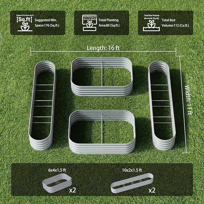 4-Pack 18” Tall Galvanized Raised Garden Beds – Small Space Garden Layout, Fits 170 Sq Ft Yard or Patio, 10x2x1.5 & 6x4x1.5 ft Metal Planter Box for Compact Outdoor Gardening-Brooklyn Grey
