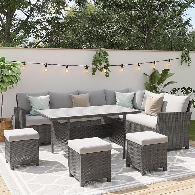 Wisteria Lane 7 Piece Patio Furniture Set, High Curved Back Wicker Patio Sectional, All Weather Outdoor Dining Set, Outdoor Furniture Patio Conversation Set with Ottoman, Ash Gray