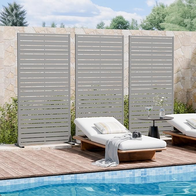 Casaphoria Metal Privacy Screen Outdoor, 72" H x 35" W Freestanding Decorative Privacy Screen for Patio Deck Balcony Garden with Stable Base, Grey-Benjamin