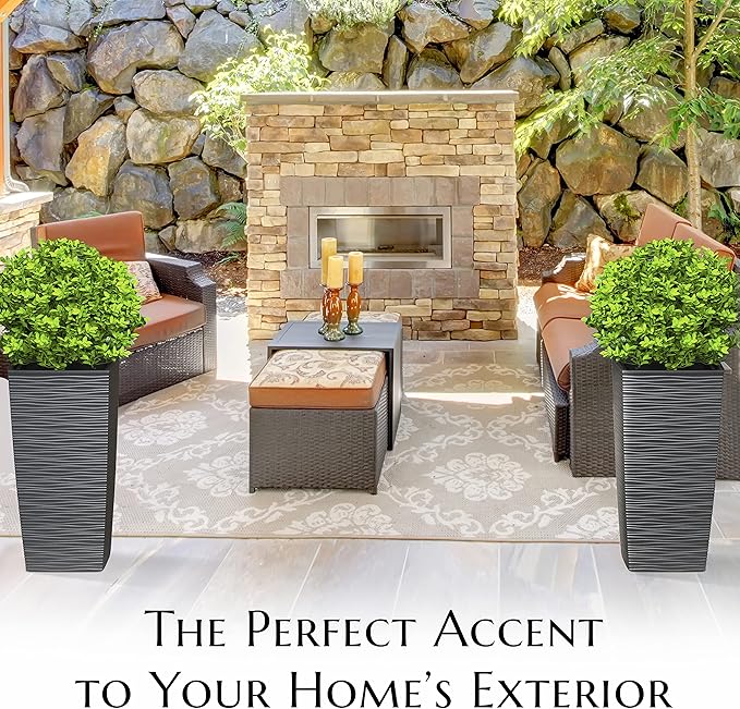 Mueller Janska M-Resin Heavy Duty Tall Planter, Indoor/Outdoor Grande Plant, Tree, Flower Pot, 2-Piece Set, 24”, Modern Design, Built-in Drainage, Dark Gray