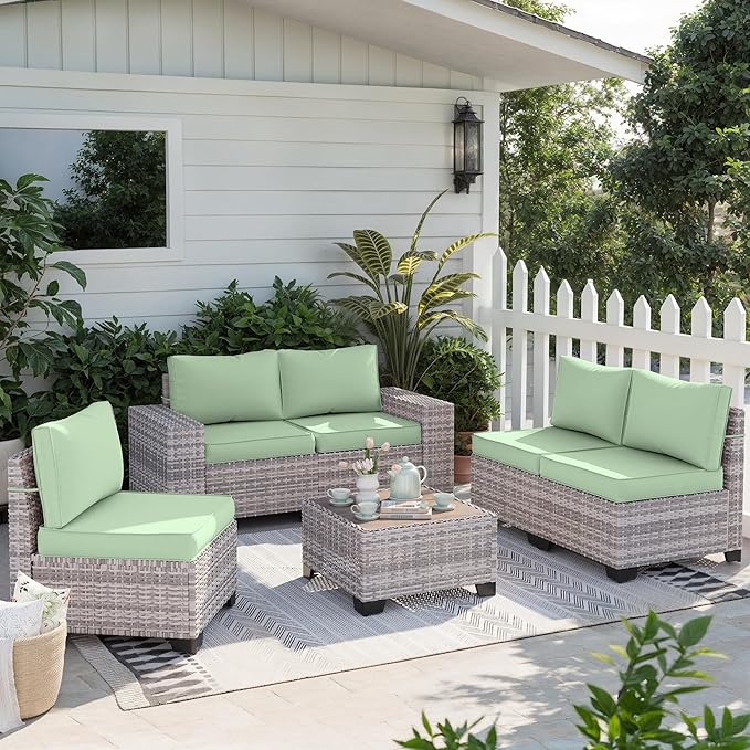 6-Piece Outdoor Patio Furniture Set Wicker Sectional Sofa Set, Patio Conversation Set with Thickened Cushions & Coffee Table for Garden, Backyard, Poolside, Light Green