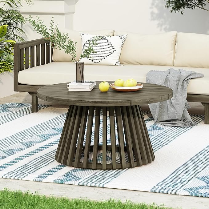 Merax Patio Outdoor Acacia Wood Round Coffee Table for Backyard, Lawn, Balcony, Grey Finish