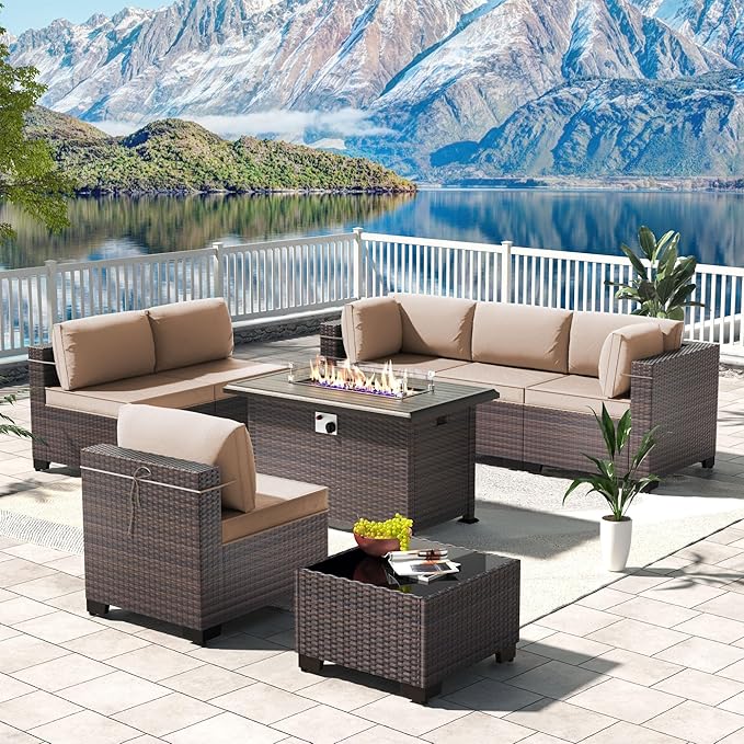 Kullavik 8 Pieces Outdoor Patio Furniture Set with 43" 55000BTU Gas Propane Fire Pit Table PE Wicker Rattan Sectional Sofa Patio Conversation Sets,Khaki