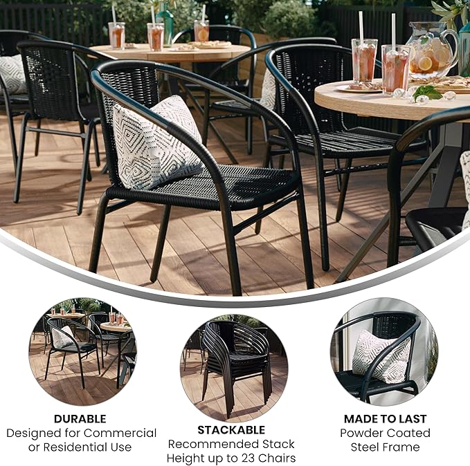 EMMA + OLIVER Set of 4 Modern Rattan Indoor/Outdoor Stack Chairs, Stacking Rattan Patio Chairs with Curved Back and Cross Bracing, Black