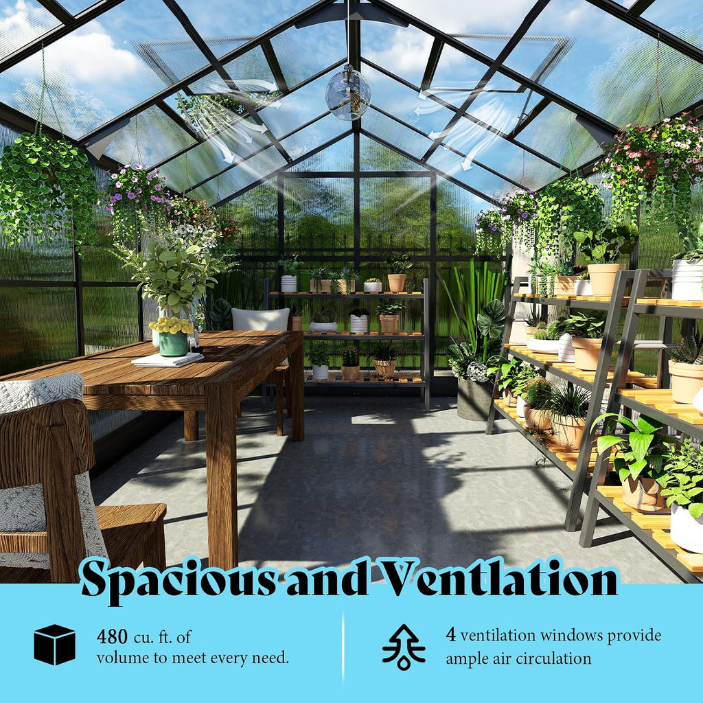 amerlife 8x12x7ft polycarbonate greenhouse, walk in greenhouse with showing dimensions