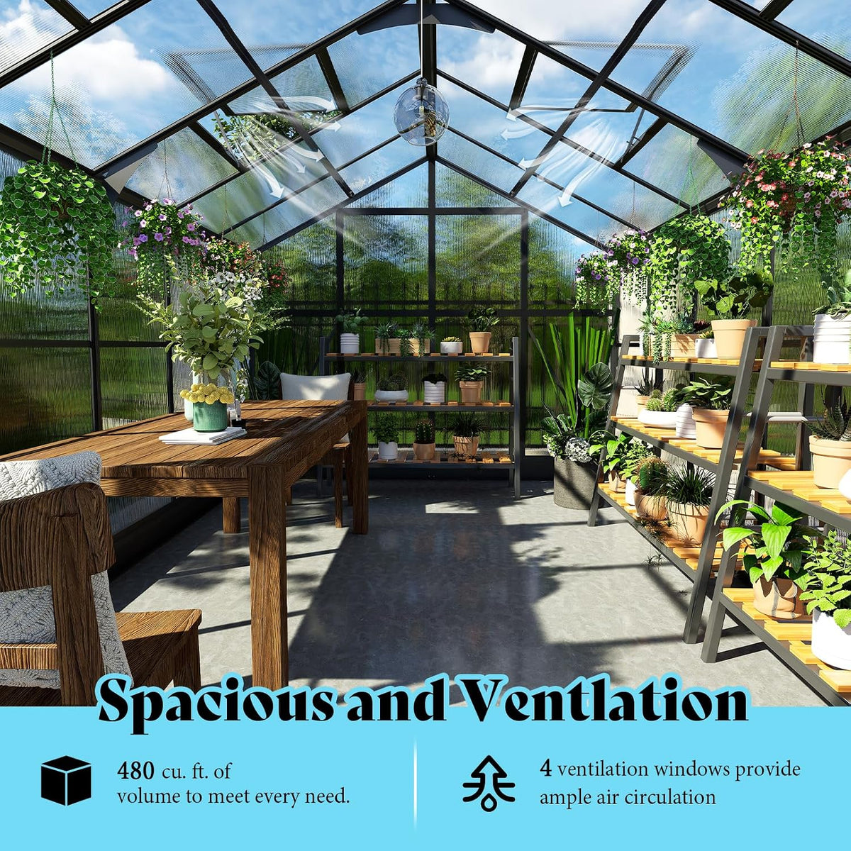 amerlife 8x12x7ft polycarbonate greenhouse, walk in greenhouse with showing dimensions