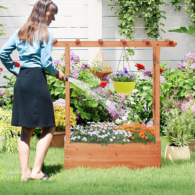 Giantex Raised Garden Bed with 2-Sided Trellis & Hanging Roof, Fir Wood Planter Box w/Drainage Holes, Freestanding Garden Planter for Flowers Herbs Climbing Vines (43"x15"x45")