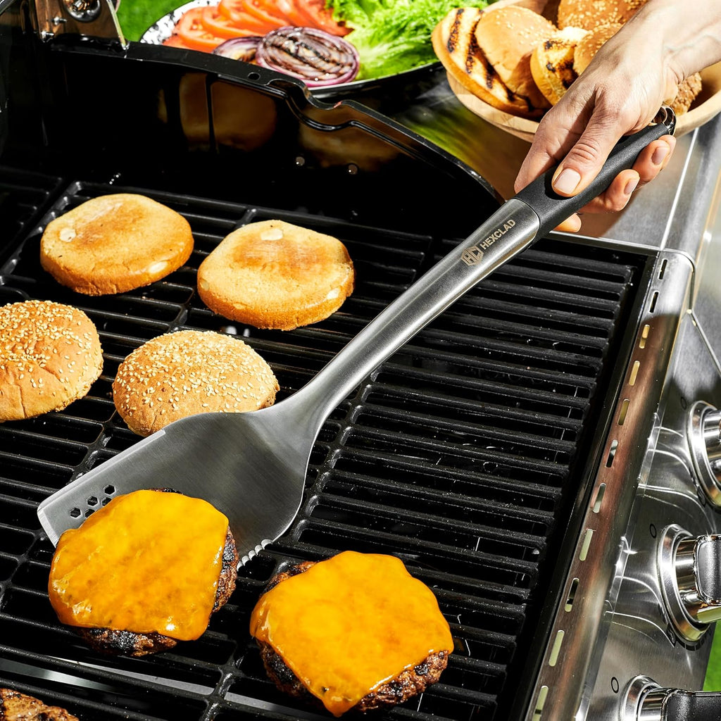 hexclad 8pc bbq tool set with spatula, tongs showing dimensions