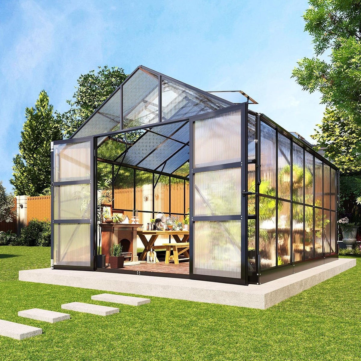 amerlife 10x14 ft polycarbonate greenhouse with 4 roof, main product view