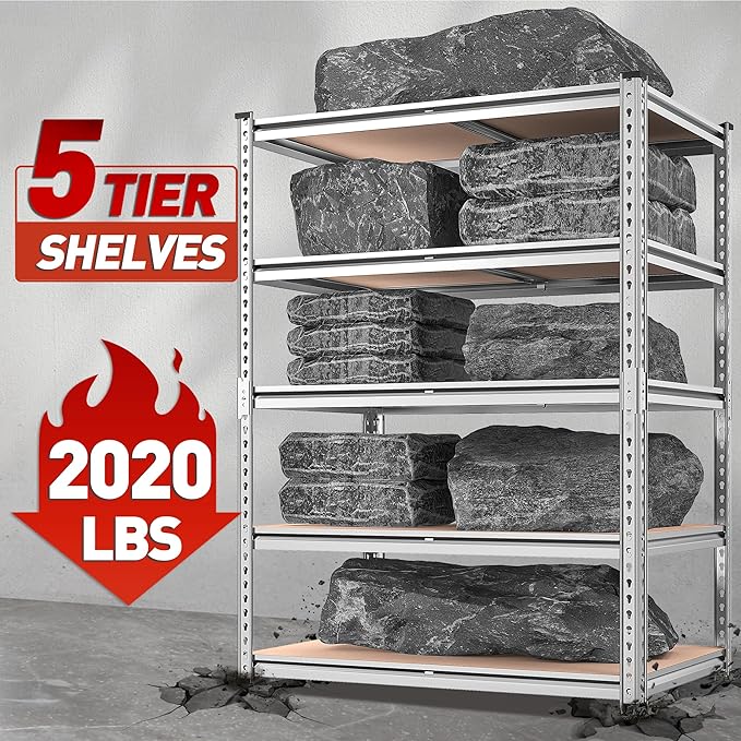 REIBII 2020LBS Garage Shelving Heavy Duty Metal Shelving 5 Tier Storage Shelves, Metal Shelves for Basement, Warehouse, Pantry, Closet, Kitchen, 72" H x 35.55" W x 16" D, Galvanized, 3 Pack