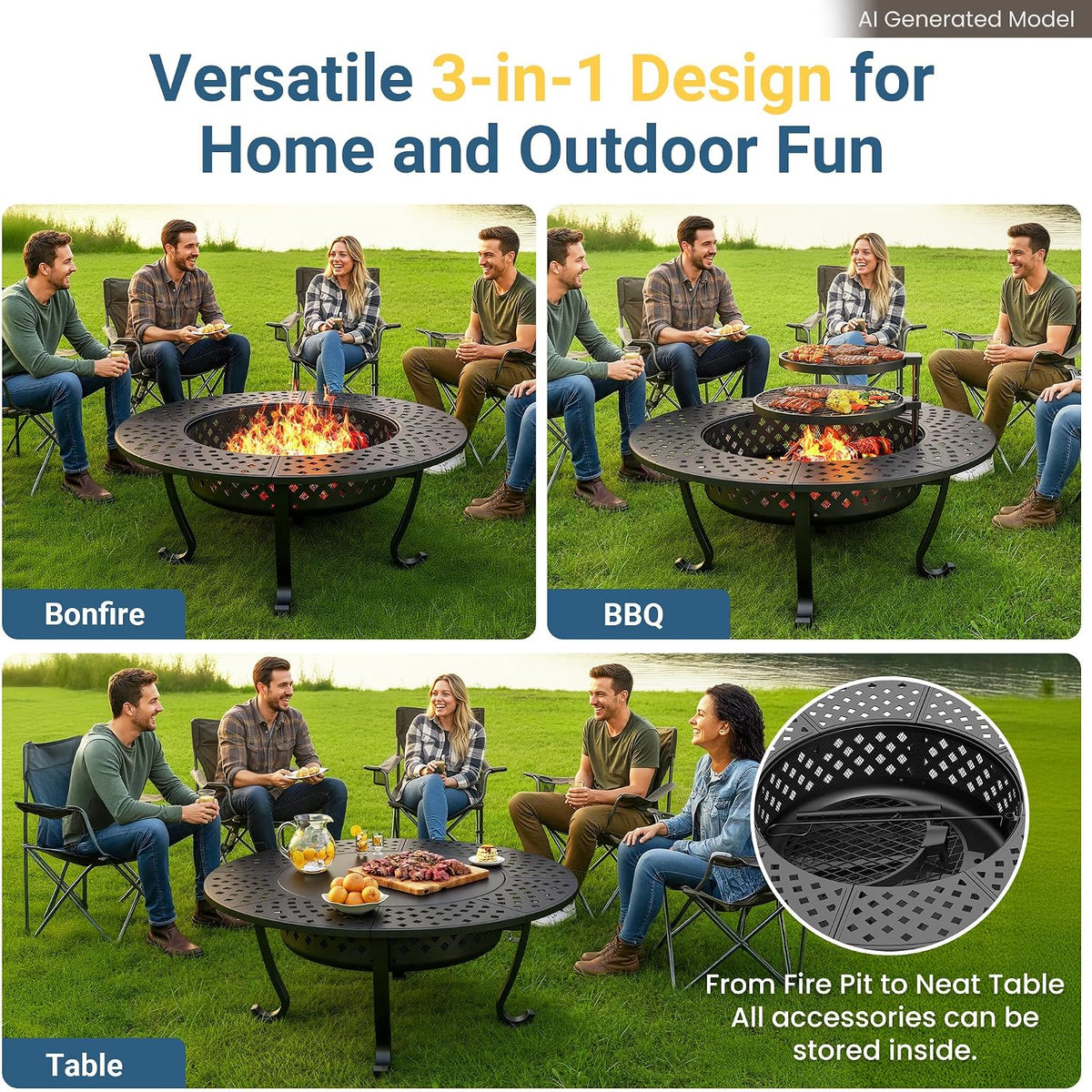 43" large fire pit for outside with 2, close-up detail