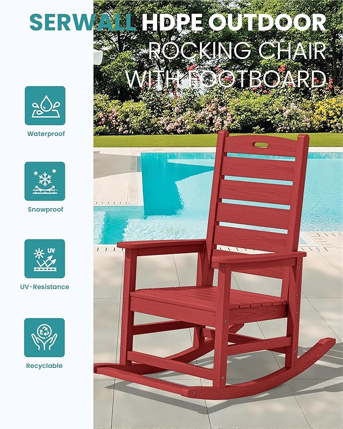 SERWALL Outdoor Rocking Chair, Oversized Rocking Chair with Footrest for Adults, HDPE All Weather Resistant Rocking Chairs for Patio, 350lbs Weight Capacity, Red