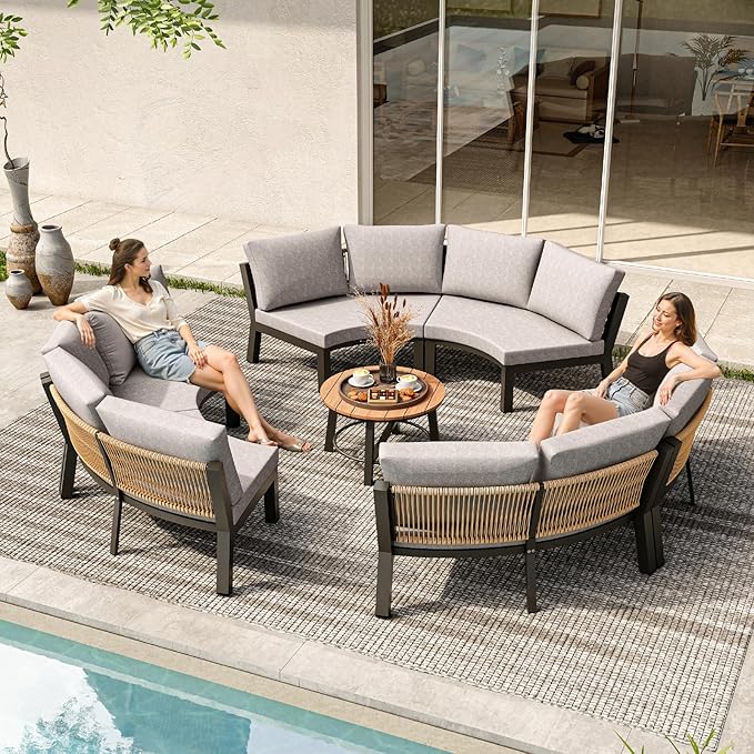 Outdoor Patio Furniture Set, 7 Piece Aluminum Curved Outdoor Sectional Sofas with Modular Coffee Table, PE Rope Patio Conversation Sets, All-Weather Patio Sofa Sets with Cushions, Gray