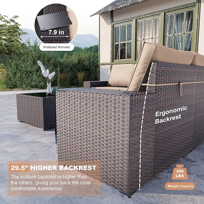 Kullavik 9 Pieces Outdoor Patio Furniture Set,PE Wicker Rattan Sectional Sofa Patio Conversation Sets with Swivel Rocking Chairs Set,Sand