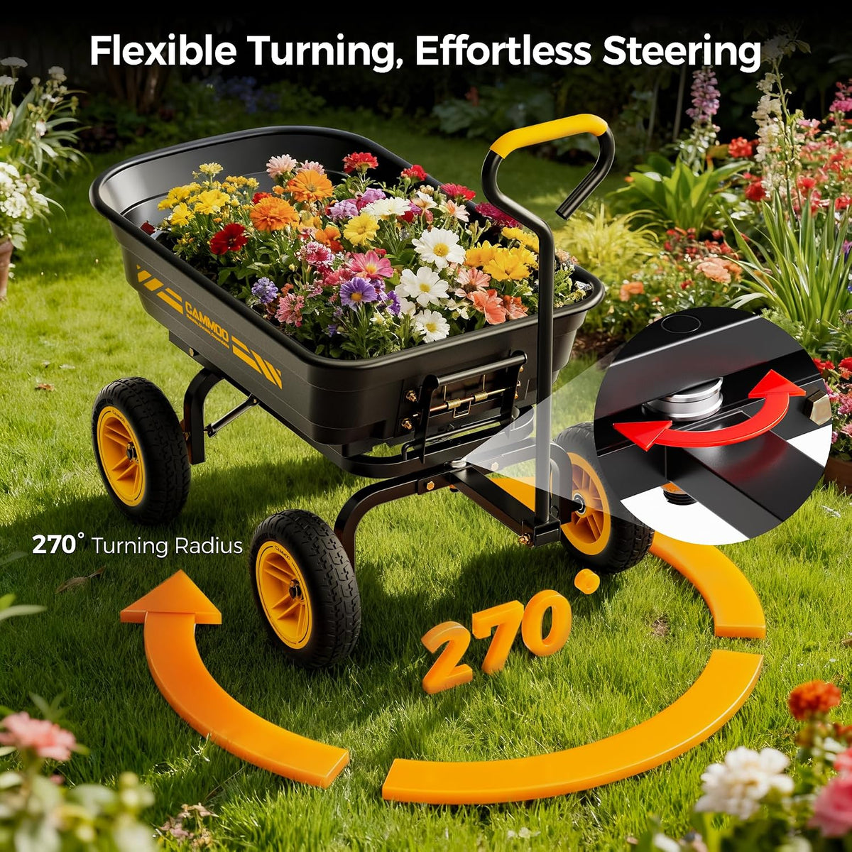 cammoo 10-in no-flat tires 600lb garden dump cart, front angle view