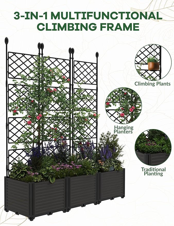 3 PCS Raised Garden Bed with Trellis, 48" LX16 WX63 H Plastic Planter Box for Climbing Plants, Outdoor Vertical Garden with Privacy Screen for Patio, Balcony, Backyard – Sturdy & Lightweight