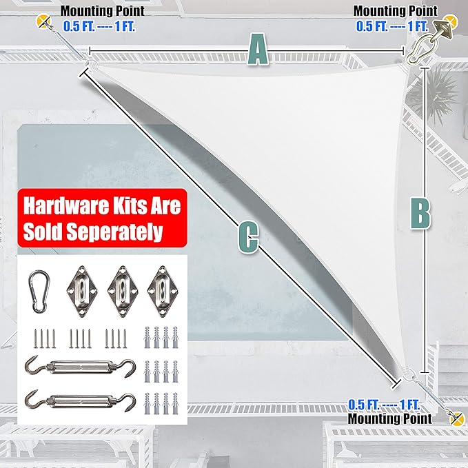 Amgo Custom Size 10' x 18' x 20.6' White Right Triangle Sun Shade Sail Order to Make Canopy Awning UPF50+ AGSLT, 95% UV Blockage, Water & Air Permeable, 200GSM Commercial Standard (We Customize)