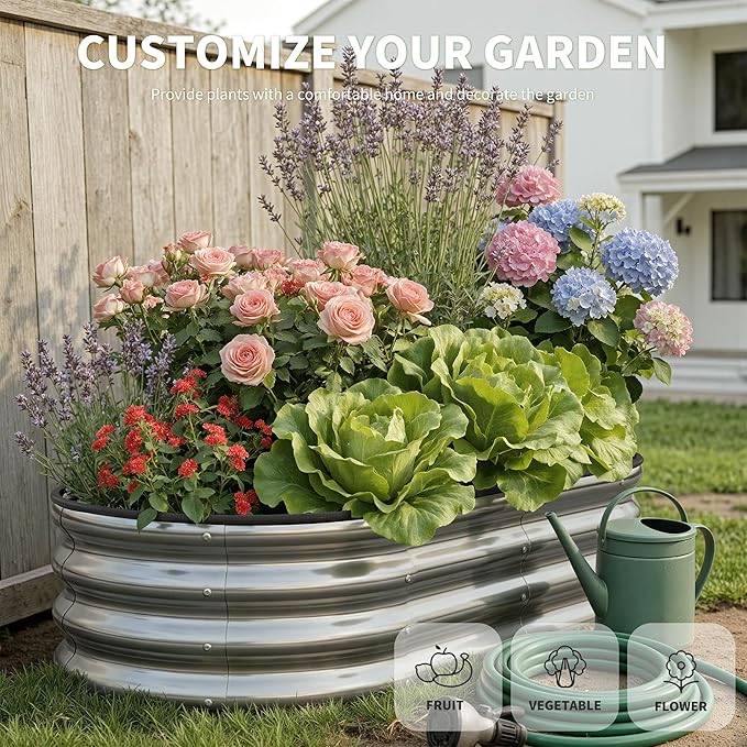 Galvanized Metal Raised Garden Bed Kit for Outdoor Planter Boxes with Easy Assembly,Oval Large Galvanized Gardening Raised Bed for Vegetables, Fruits, Flower (Silver, 4 * 2 * 1ft)