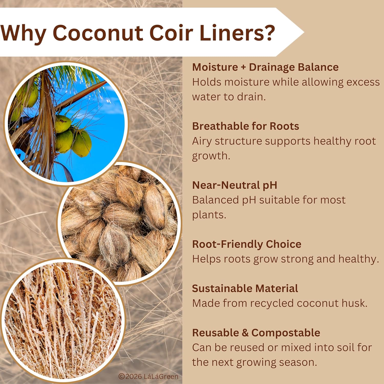 LaLaGreen 8'' (4 Pack, Round) Coco Liners for Hanging Basket – Small Coir Fiber Replacement for Flower Pot, Garden Holder, DIY Outdoor Planter – Multi Sizes 10/12/14/16/18/20 Inch & Different Shapes