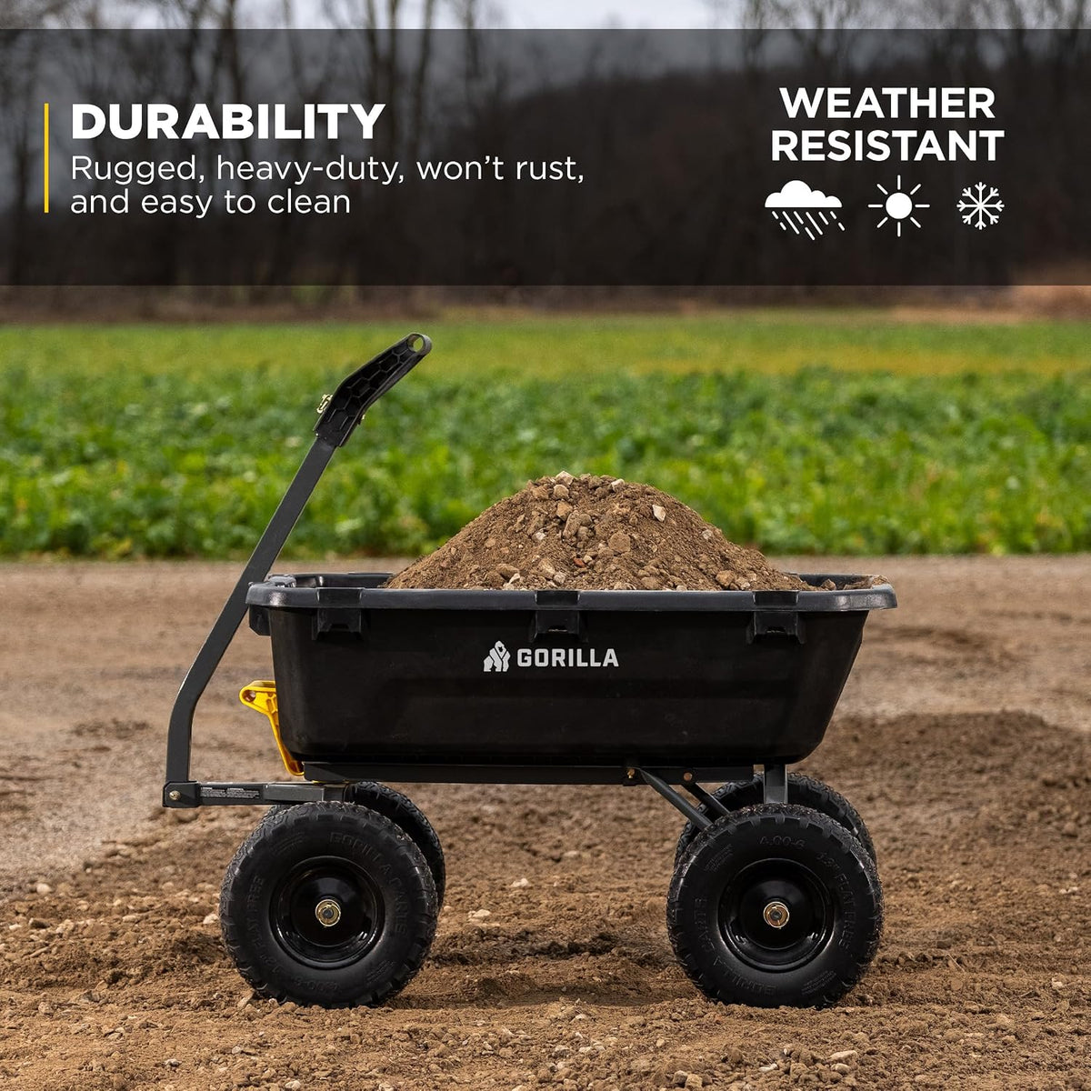 gorilla carts dump garden cart, 7 cu ft,1200 showing dimensions