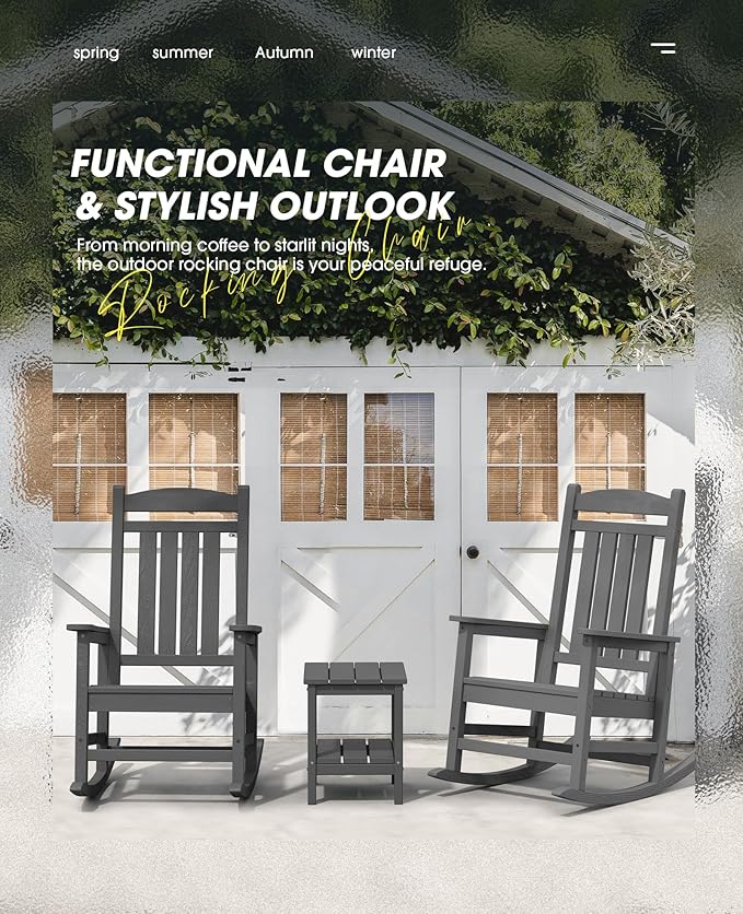 KINGYES HDPE Patio Rocking Chair Set of 4, Outdoor Rocking Chairs Porch Rocker for Adults, Grey