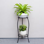 FaithLand 2 Pack Metal Plant Stands, Tall Planter Holder Indoor Outdoor, 2 Tier Round Potted Supports Rack, Corner Display Shelf Black