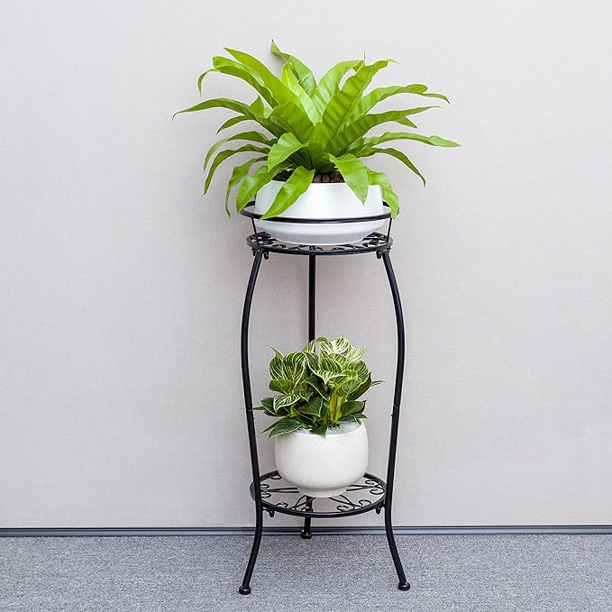 FaithLand 2 Pack Metal Plant Stands, Tall Planter Holder Indoor Outdoor, 2 Tier Round Potted Supports Rack, Corner Display Shelf Black