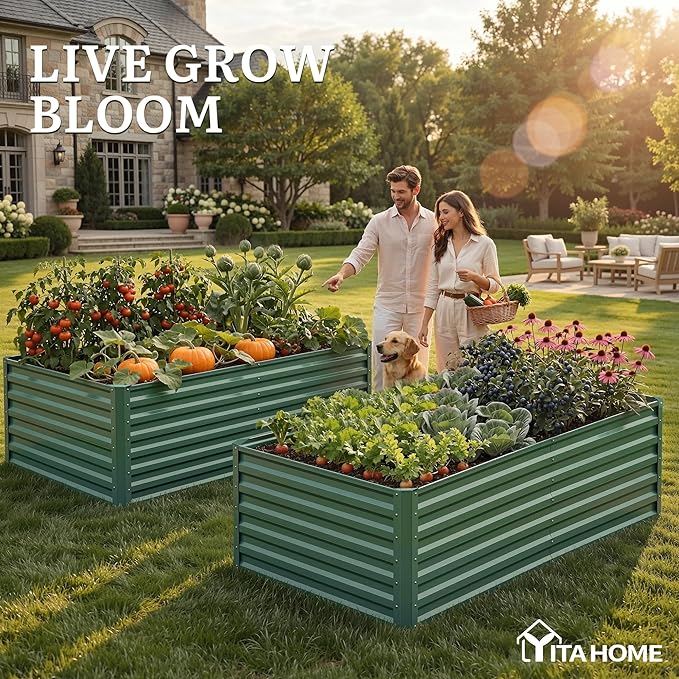 YITAHOME 6x3x2 ft Galvanized Raised Garden Bed Kit, Large Metal Planter Box with Gloves & Support Rod, Outdoor Flower Bed for Plants Vegetables, Green