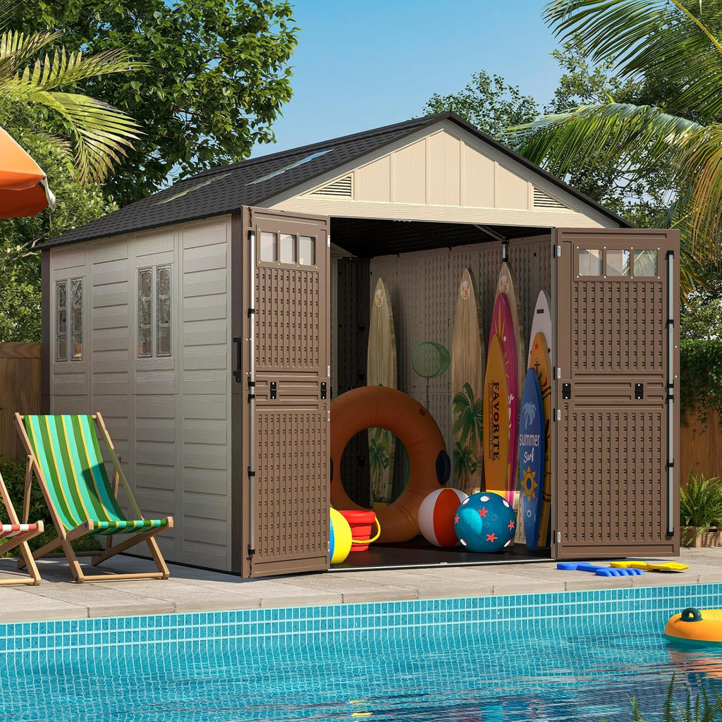 8x10 ft outdoor storage shed with floor, large, front angle view